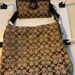 Coach Tan and Brown Signature Shoulder Bag